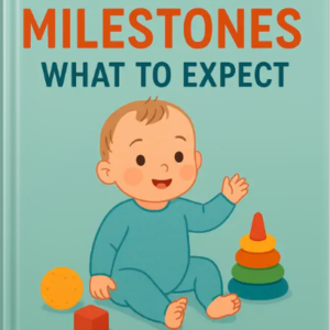 Illustrated book cover showing a smiling baby sitting with toys, titled “Baby Milestones: What to Expect” by Louise Blount.
