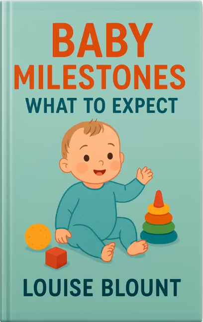 Illustrated book cover showing a smiling baby sitting with toys, titled “Baby Milestones: What to Expect” by Louise Blount.
