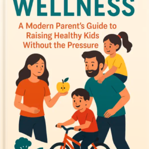Illustrated book cover titled ‘Balanced Wellness’ showing a family with two parents and two children engaging in healthy activities like biking and holding fruit.