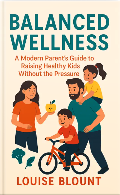 Illustrated book cover titled ‘Balanced Wellness’ showing a family with two parents and two children engaging in healthy activities like biking and holding fruit.
