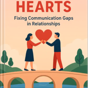 Illustrated book cover showing a couple standing on a bridge holding a heart, titled 'Bridging Hearts: Fixing Communication Gaps in Relationships' by Louise Blount.