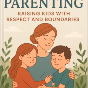 Illustrated book cover for “Calm Parenting: Raising Kids with Respect and Boundaries” by Louise Blount, showing a parent hugging two children in a peaceful outdoor setting.
