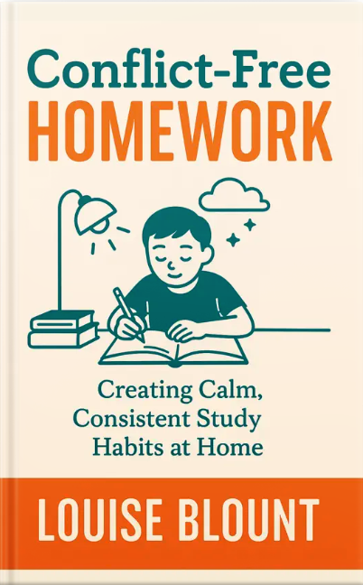 Book cover titled 'Conflict-Free Homework: Creating Calm, Consistent Study Habits at Home' featuring an illustration of a child happily writing at a desk.