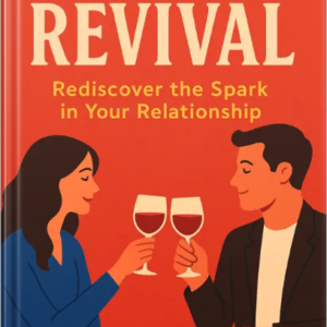 Illustrated book cover for ‘Date Night Revival’ featuring a smiling couple clinking wine glasses on a red background.