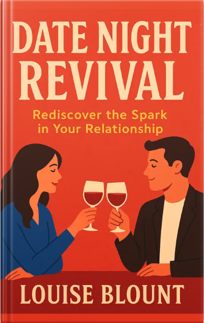 Illustrated book cover for ‘Date Night Revival’ featuring a smiling couple clinking wine glasses on a red background.