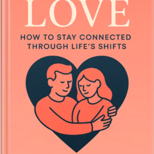 Illustrated book cover of ‘Enduring Love’ featuring a couple embracing inside a heart-shaped graphic on a coral background