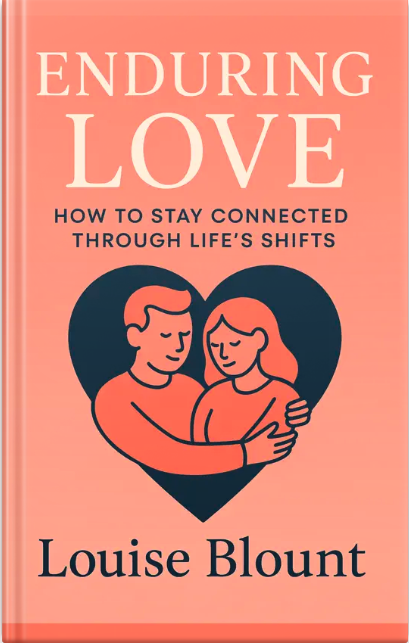 Illustrated book cover of ‘Enduring Love’ featuring a couple embracing inside a heart-shaped graphic on a coral background