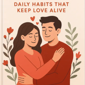 Illustrated book cover of ‘Ever After’ showing a loving couple embracing with floral accents around them.