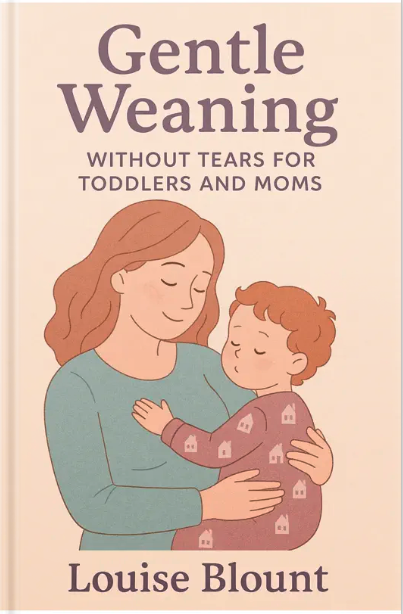 Illustrated book cover for “Gentle Weaning: Without Tears for Toddlers and Moms” by Louise Blount, showing a mother lovingly holding a toddler.