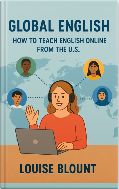 Book cover for ‘Global English: How to Teach English Online from the U.S.’ featuring an illustrated online teacher with a laptop and headphones, connected to four diverse students around a world map.