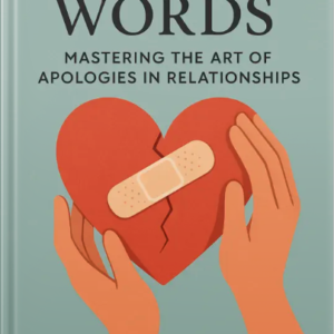 Illustrated book cover titled ‘Healing Words,’ showing two hands holding a cracked red heart with a bandage across it, symbolizing apologies in relationships.