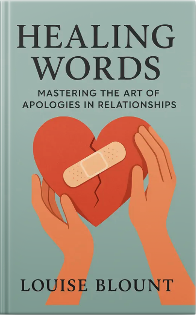 Illustrated book cover titled ‘Healing Words,’ showing two hands holding a cracked red heart with a bandage across it, symbolizing apologies in relationships.
