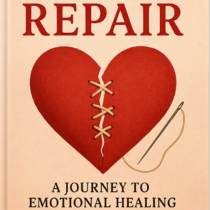 Book cover for Heart Repair by Louise Blount, featuring a stitched red heart and a needle symbolizing emotional healing after a breakup.