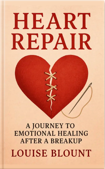 Book cover for Heart Repair by Louise Blount, featuring a stitched red heart and a needle symbolizing emotional healing after a breakup.