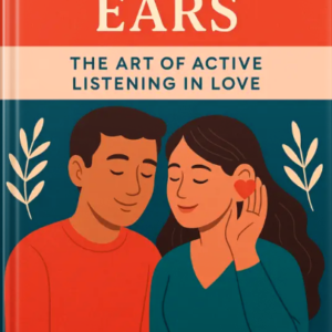 “Illustrated couple on the book cover of Heartfelt Ears: The Art of Active Listening in Love, with a woman holding a heart-shaped object to her ear.”