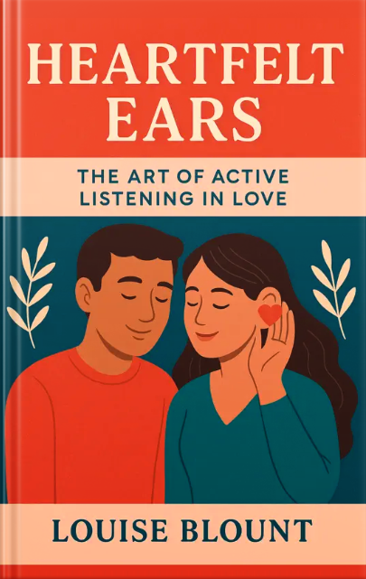 “Illustrated couple on the book cover of Heartfelt Ears: The Art of Active Listening in Love, with a woman holding a heart-shaped object to her ear.”