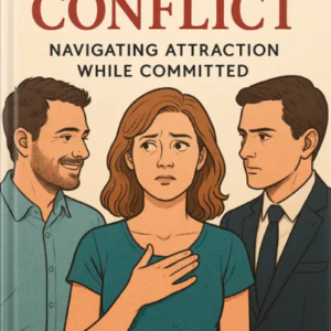 Book cover illustration showing a worried woman standing between two men, representing emotional conflict and romantic tension.