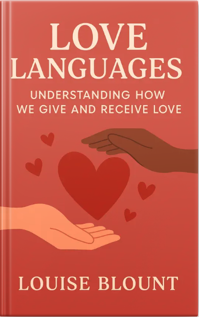 Book cover for Love Languages: Understanding How We Give and Receive Love by Louise Blount, showing two hands reaching toward a red heart with smaller hearts floating around.