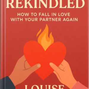 Illustrated book cover of Love Rekindled showing two hands holding a heart with a flame symbolizing renewed romance.