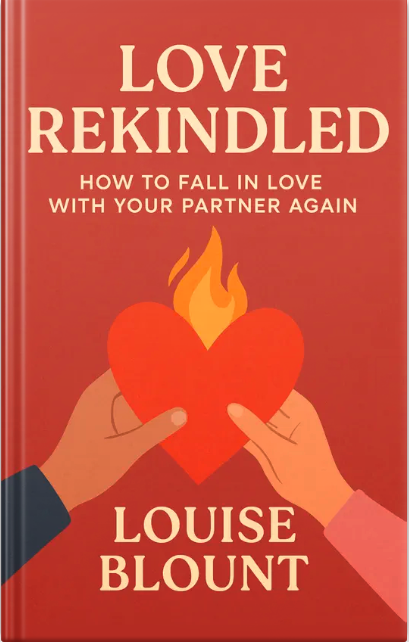 Illustrated book cover of Love Rekindled showing two hands holding a heart with a flame symbolizing renewed romance.