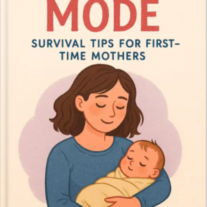 Illustrated book cover of a mother gently holding her sleeping baby, titled “Mommy Mode: Survival Tips for First-Time Mothers” by Louise Blount.