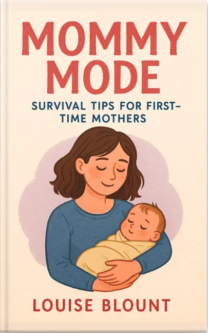 Illustrated book cover of a mother gently holding her sleeping baby, titled “Mommy Mode: Survival Tips for First-Time Mothers” by Louise Blount.