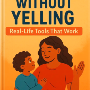 Illustrated book cover for “Parenting Without Yelling: Real-Life Tools That Work” by Louise Blount, featuring a parent calmly interacting with a child.