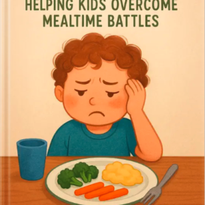 Illustrated book cover showing a child looking unhappy at a plate of vegetables, titled “Picky Plates: Helping Kids Overcome Mealtime Battles” by Louise Blount.