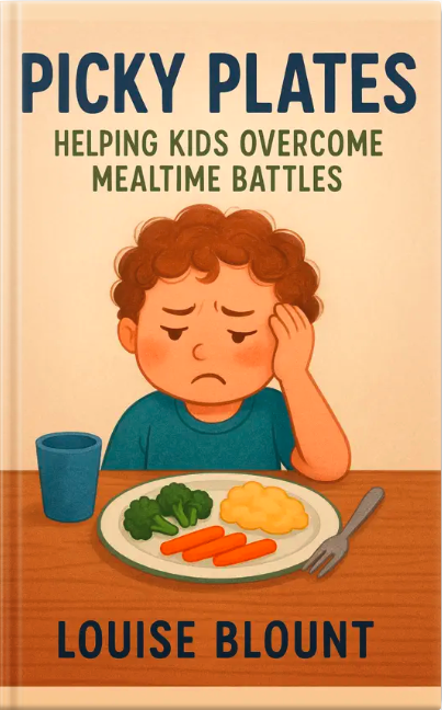 Illustrated book cover showing a child looking unhappy at a plate of vegetables, titled “Picky Plates: Helping Kids Overcome Mealtime Battles” by Louise Blount.