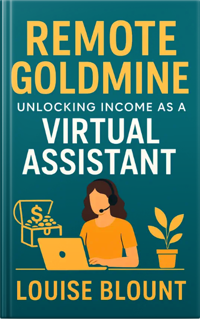 Book cover for ‘Remote Goldmine: Unlocking Income as a Virtual Assistant’ featuring an illustrated woman with a headset working on a laptop beside a money chest and a potted plant.
