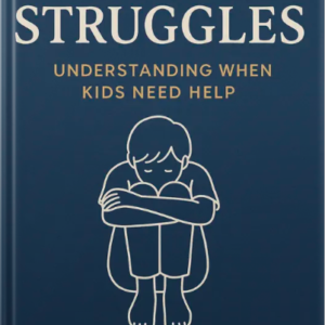 Minimalist book cover showing an outline drawing of a sad child sitting with knees pulled close, titled “Silent Struggles: Understanding When Kids Need Help” by Louise Blount.