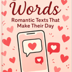 Book cover with a pink background showing a smartphone surrounded by heart icons, representing romantic text messages.