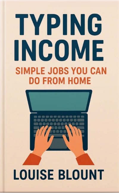 Book cover for ‘Typing Income: Simple Jobs You Can Do From Home’ showing illustrated hands typing on a laptop.