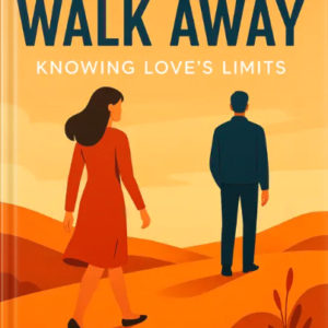 Book cover of ‘When to Walk Away’ showing a woman walking in one direction and a man walking in another across an orange landscape