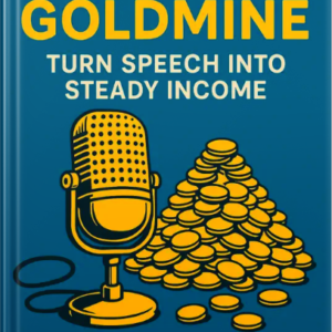 Illustrated book cover for ‘Audio Goldmine: Turn Speech Into Steady Income’ featuring a retro microphone beside a large pile of gold coins.