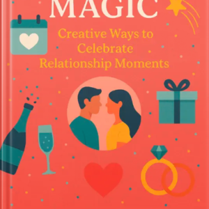 Illustrated book cover of Milestone Magic featuring a couple, champagne, gift icons, rings, and celebratory symbols
