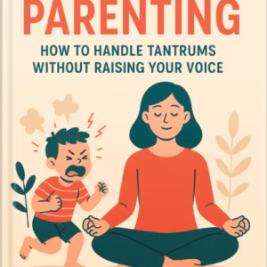 Illustrated book cover of Peaceful Parenting showing a calm mother meditating beside an upset child having a tantrum.