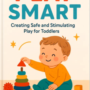 Illustrated book cover showing a toddler playing with a stacking toy, titled “Play Smart: Creating Safe and Stimulating Play for Toddlers” by Louise Blount.