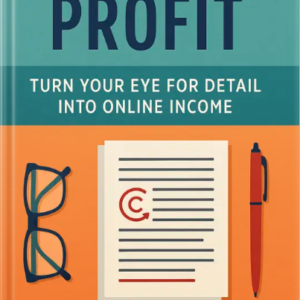 Book cover for ‘Proofreading Profit: Turn Your Eye for Detail Into Online Income’ featuring a marked document, red pen, and eyeglasses