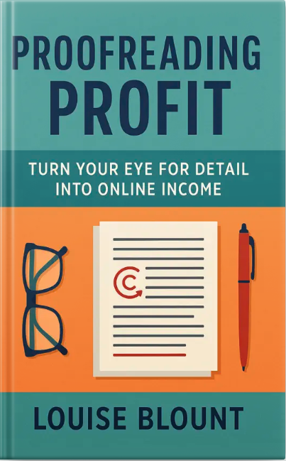 Book cover for ‘Proofreading Profit: Turn Your Eye for Detail Into Online Income’ featuring a marked document, red pen, and eyeglasses