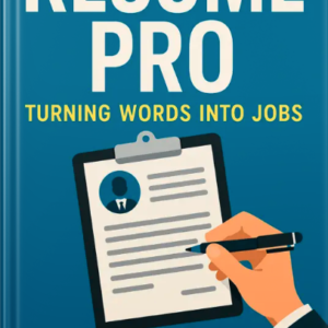 Book cover for ‘Resume Pro: Turning Words Into Jobs’ featuring an illustrated hand writing on a résumé clipboard against a blue background.