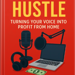 Book cover for ‘Voiceover Hustle: Turning Your Voice Into Profit From Home’ featuring a studio microphone, headphones, laptop, and a dollar bill on a red background.