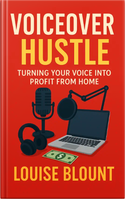 Book cover for ‘Voiceover Hustle: Turning Your Voice Into Profit From Home’ featuring a studio microphone, headphones, laptop, and a dollar bill on a red background.