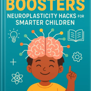 Book cover titled 'Brain Boosters: Neuroplasticity Hacks for Smarter Children' featuring an illustrated child with a glowing brain and learning icons around them.