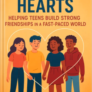 Illustrated book cover titled Connected Hearts showing four diverse teenagers holding hands inside a heart shape, representing friendship and connection.