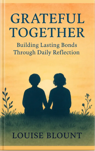 Book cover for “Grateful Together: Building Lasting Bonds Through Daily Reflection” by Louise Blount, featuring a warm sunset scene with two people sitting side by side in silhouette surrounded by plants.