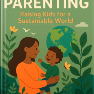 Illustrated book cover of Green Parenting: Raising Kids for a Sustainable World showing a mother holding her child with the Earth, plants, and nature elements in the background.