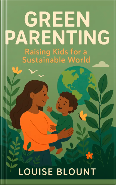 Illustrated book cover of Green Parenting: Raising Kids for a Sustainable World showing a mother holding her child with the Earth, plants, and nature elements in the background.