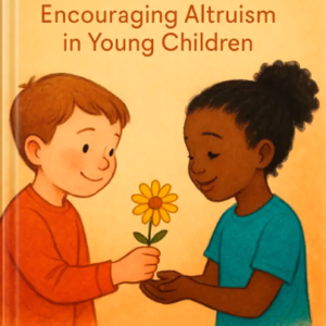 Book cover titled 'Kind Hearts: Encouraging Altruism in Young Children' showing an illustration of a young boy giving a flower to a girl.