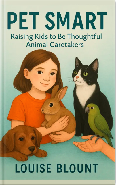 Illustrated book cover of Pet Smart: Raising Kids to Be Thoughtful Animal Caretakers showing a child holding a rabbit alongside a dog, cat, and parrot.